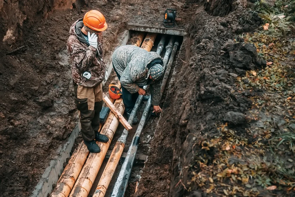 Two workers change public water pipes in trench on rainy autumn day. Troubleshooting. Breakthrough of water pipeline underground. Utilities.