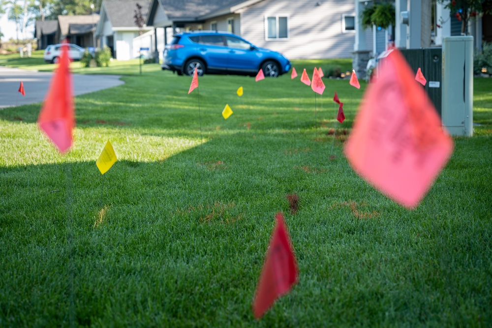Home 1 Warning flags on the green grass of a residential lawn, used to prevent injury when digging for landscaping.